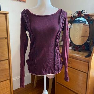 Grunge Punk Dark Red Burgundy Washed Long Sleeve Top With Rhinestone Detailing